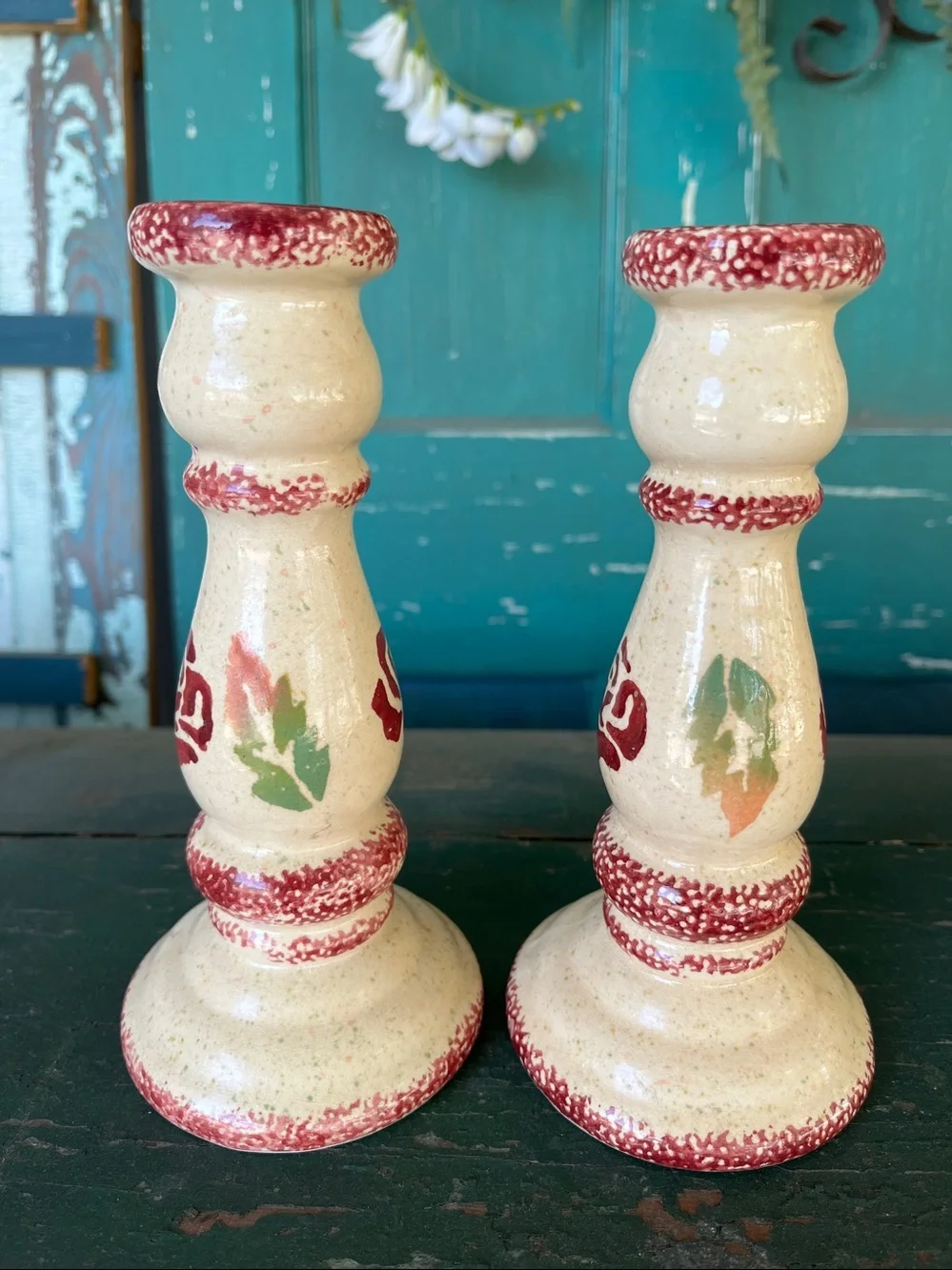 Vintage ceramic taper candle holders with a cream spongeware finish